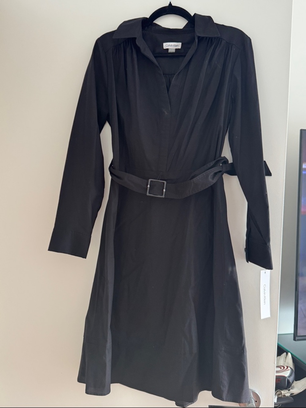 Calvin Klein Black midi Sleeve Belted Shirt Dress